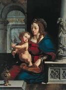 Joos van cleve Madonna and Child againt the renaissance background oil on canvas